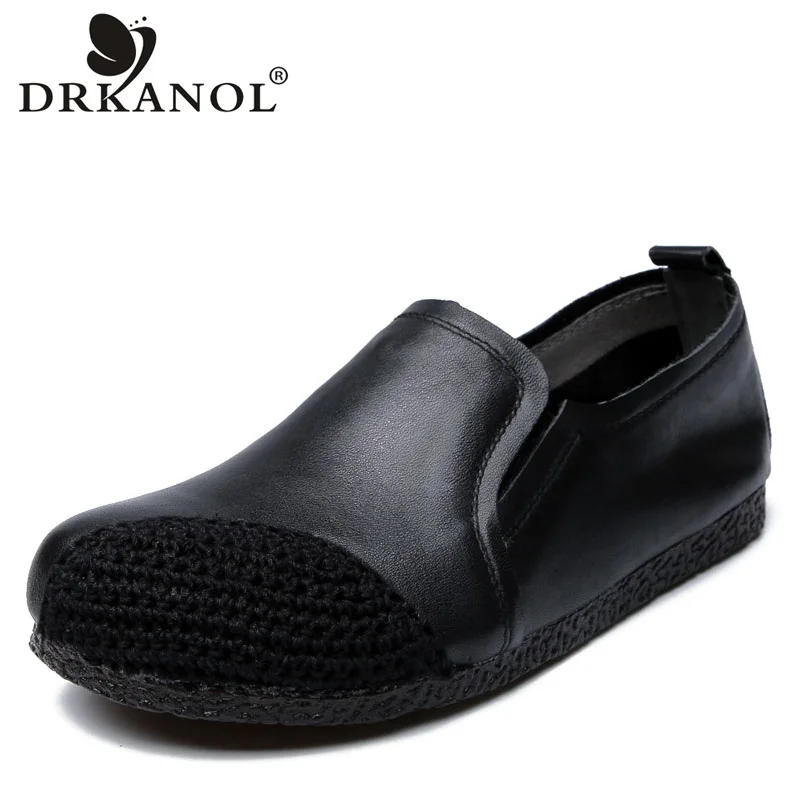 

DRKANOL 2019 Women Flat Shoes Breathable Weaving Round Toe Genuine Leather Flats Casual Slip On Loafers Woman Female Footwear