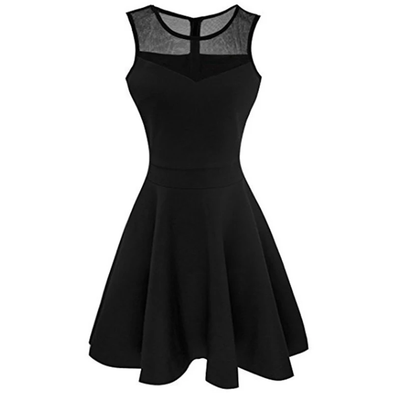 Black A Line Work Dress Round Neck Contrast Mesh Tiered Layer Straight