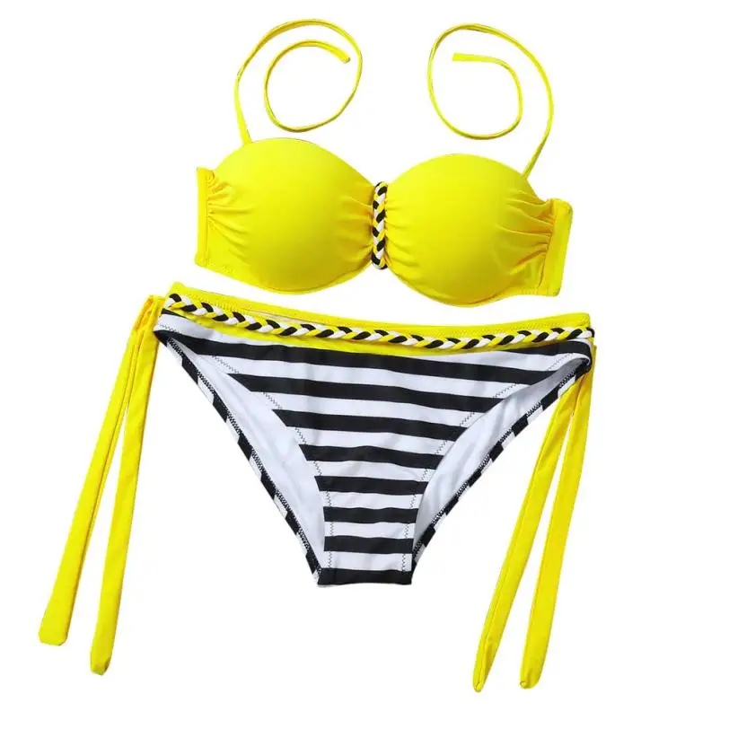 

2018 Plus Large Size Strapcute braid patchwork stripe bikini Women Female split Swimsuit Bather Suit Push Up biquini