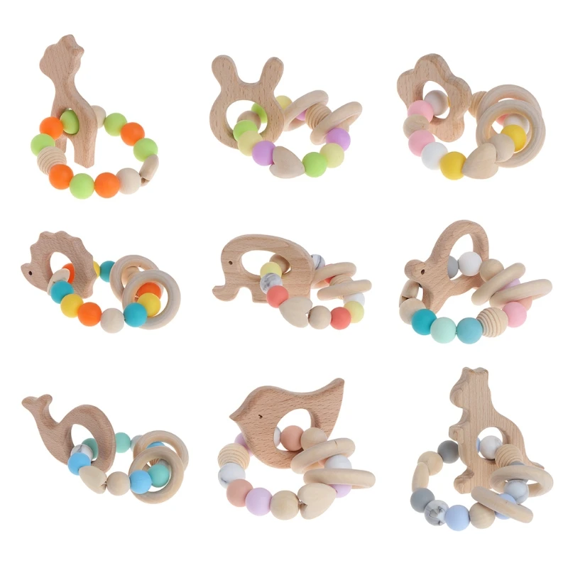 

Baby Nursing Bracelets Wooden Teether Newborn Silicone Chew Beads Rattles Toys