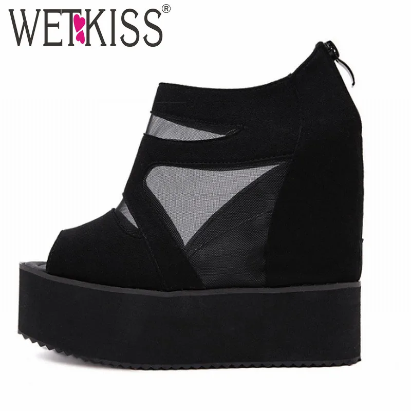 

2016 New Fashion Women Summer Boots Peep Toe Mesh Zip Shoes Woman Platform Height Increasing High Heels Ankle Boots Black Color