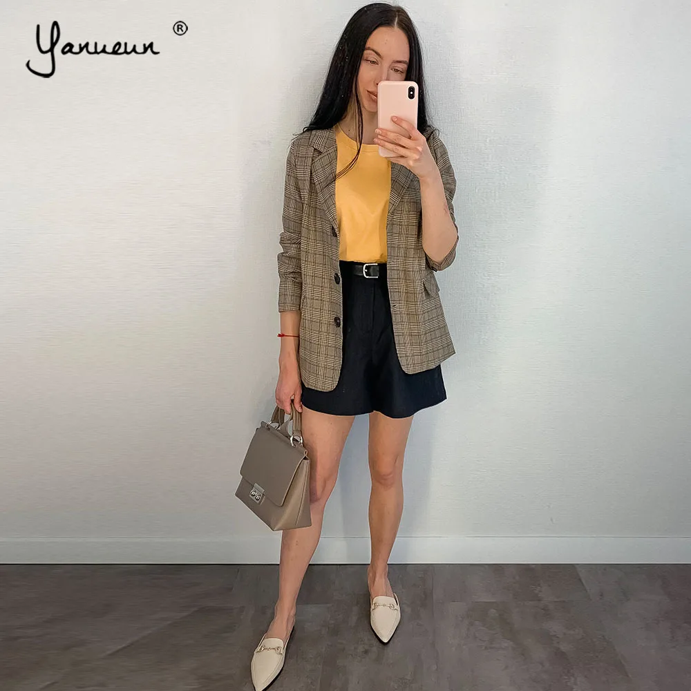 

Yanueun Spring Autumn Stylish Plaid Blazer Long Sleeve Casual Loose High Quality Lady Blazer Jackets New