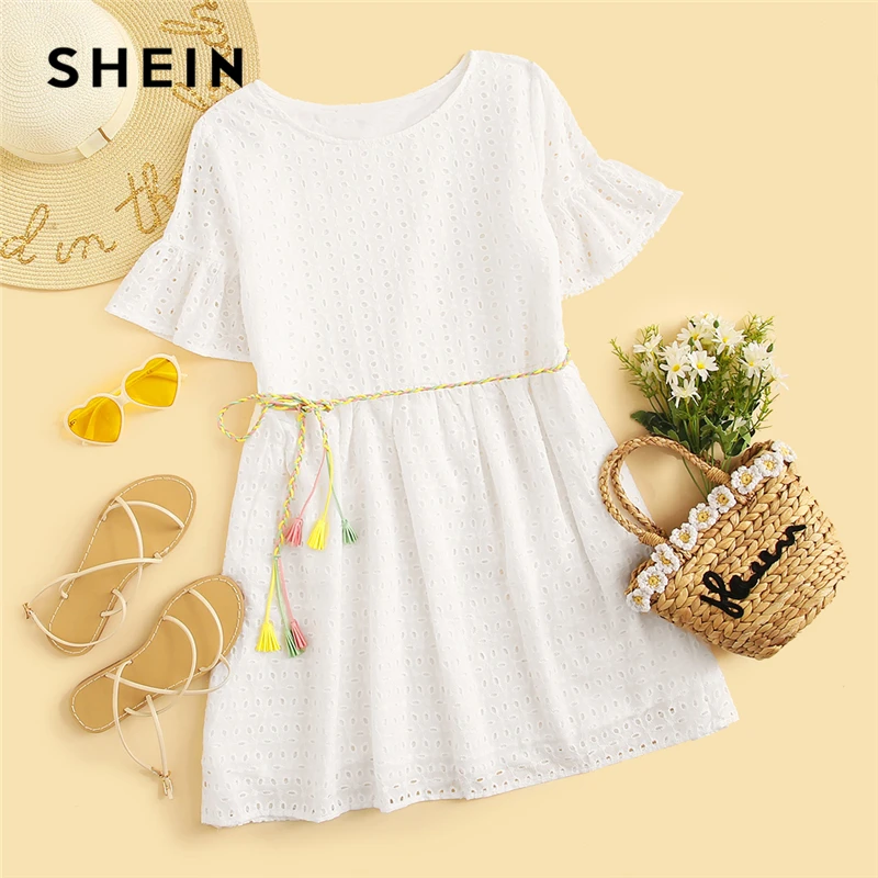 SHEIN Boho Flounce Short Sleeve Solid Schiffy Straight Summer Lace Dress Women Elegant O-Neck Tunic Shift Cute Dresses