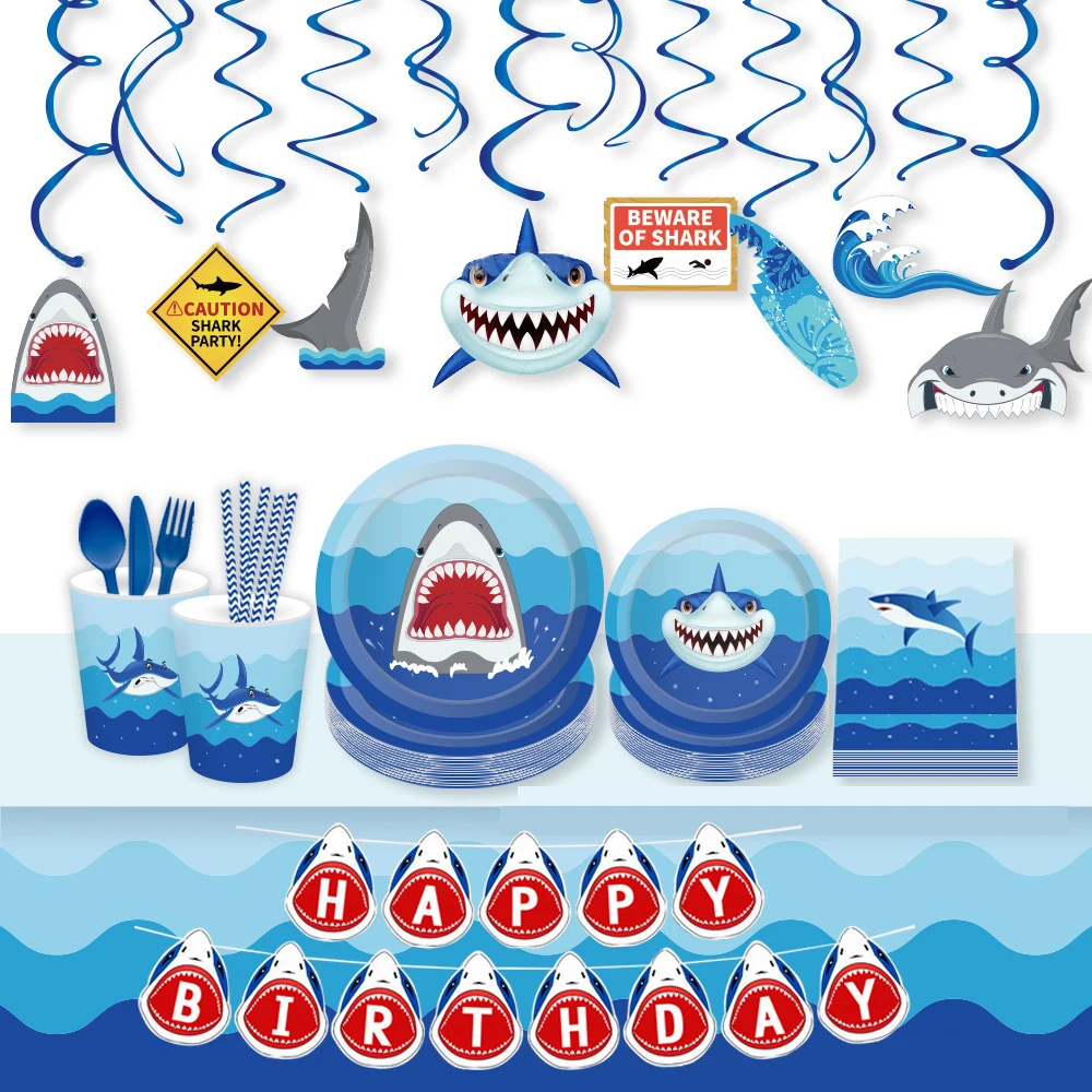 

Shark Theme Party Disposable Tableware Sets Girl Boy Birthday Party Decorations Paper Plates/Cups/Napkins/Banner Event Supplies