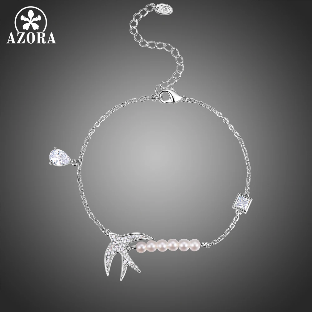 

AZORA Flying Bird Charm Bracelets & Bangles White Gold Color Simulated Pearl Beads Snake Chain Wedding Jewelry for Women TS0205