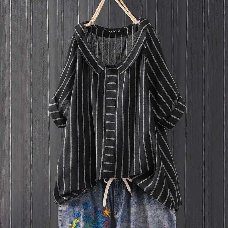 

Women Vintage Short Sleeve Striped Shirt Summer Tunic Tops Female Loose Casual Blusas Elegant Work OL Blouse Mujer Plus Size