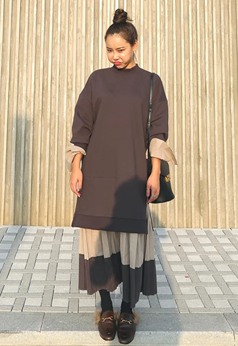 

SuperAen Korean Style Women Dress Autumn and Winter Loose New Fake Two Pieces Dress Women New Fashion Pleated Dress Female