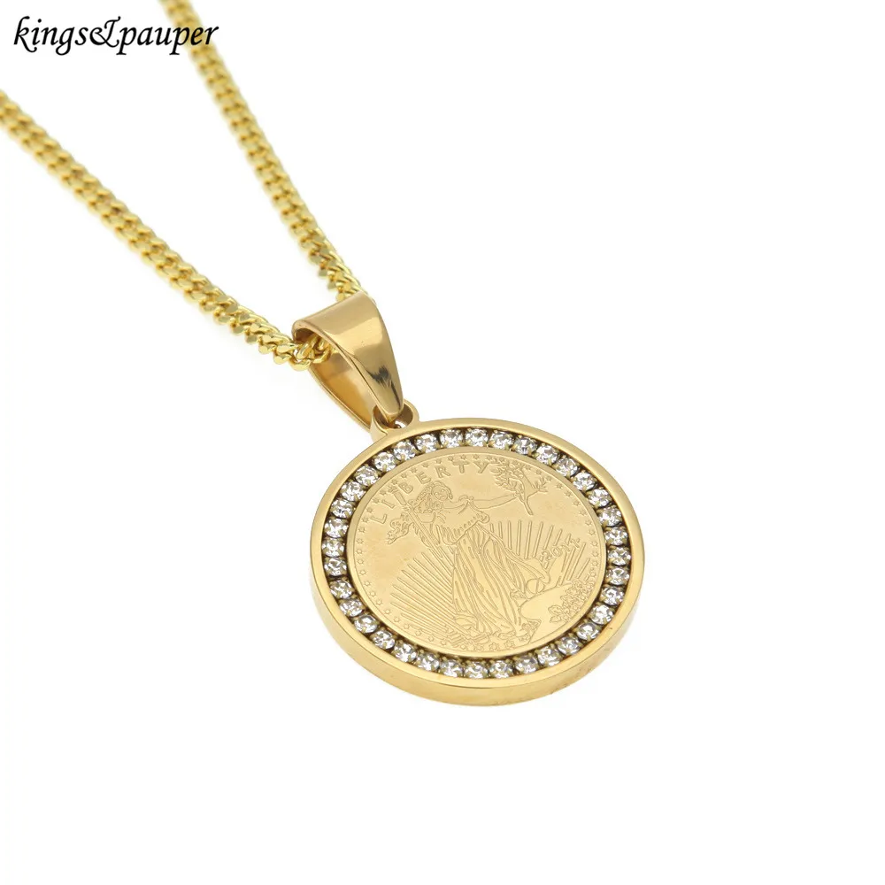 New High Quality Stainless Steel Gold Round Inlaid Rhinestone Liberty