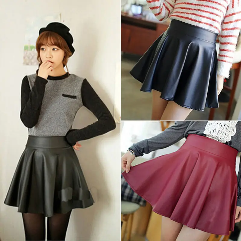 2018 New Women Faux Leather Vintage Skirts Elastic High Waist Skater Flared Pleated Stretch Mini Skirt