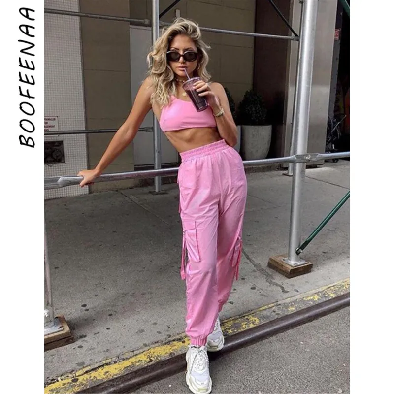 

BOOFEENAA Pink Sexy Two Piece Set Crop Top and Cargo Pants Suits Streetwear Tracksuit Women Summer Clothes Matching Sets C68AE64