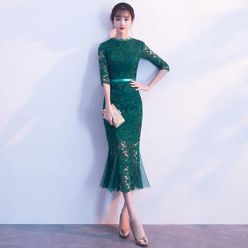 Сексуальное Вечерние Платье длинное Cheongsam женское кружевное тонкое платье свадебное платье роскошное свадебное Qipao модная одежда Vestido - Цвет: Зеленый