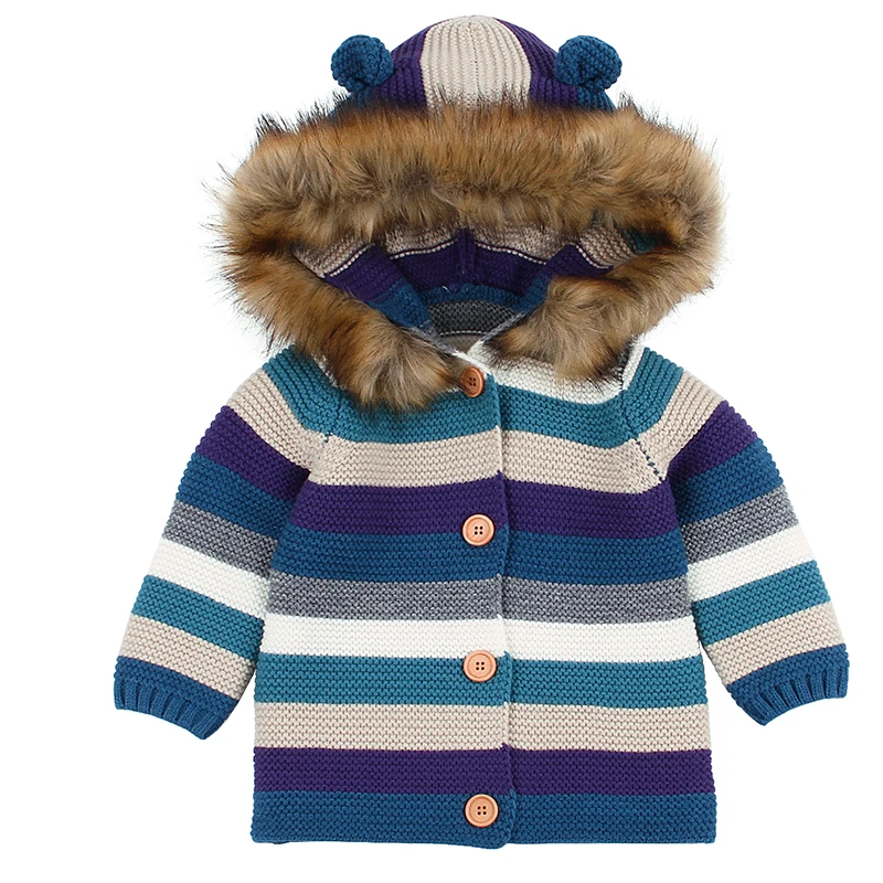Зимний теплый свитер для новорожденных, вязаный кардиган серого цвета со съемным меховым капюшоном для маленьких мальчиков и девочек, осенняя верхняя одежда, вязаная одежда для детей 0-24 месяцев