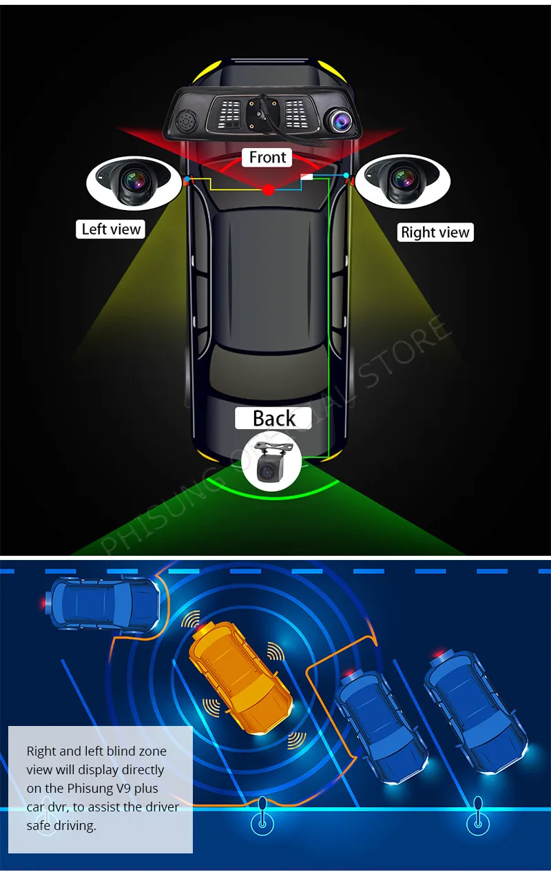 Phisung V9 Plus 4CH камера s объектив 1" Android Navi Автомобильная камера с gps зеркало заднего вида dvr привод рекордер ADAS wifi RAM2GB+ ROM32G