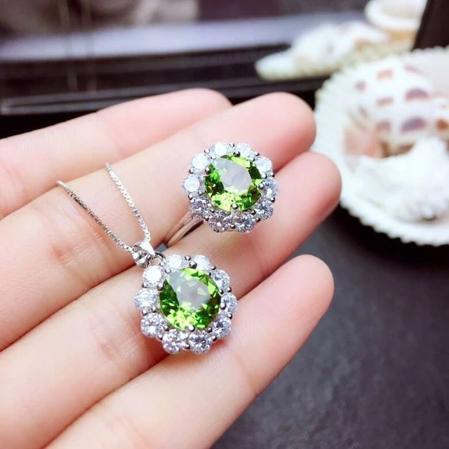 Natural green peridot Ring Pendant Natural olivine Jewelry Set 925 Silver  fashion round Sun flower Women party gift fine jewelry - AliExpress