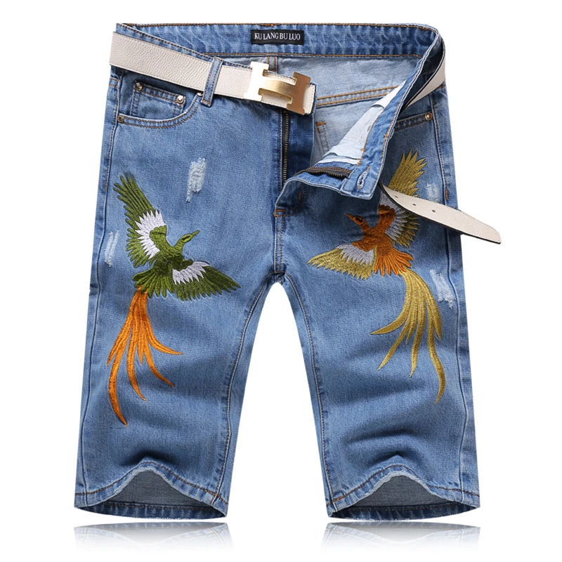 High Quality Men's Light Blue Jeans Shorts Embroidered Soft Cotton