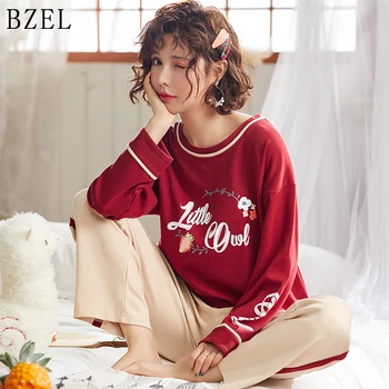 

BZEL Autumn Spring Pajama Sets Round Neck Underwear Two Piece Sets Sleepwear Cotton Ladies Homewear Pijama Fenimino Tops+Pants