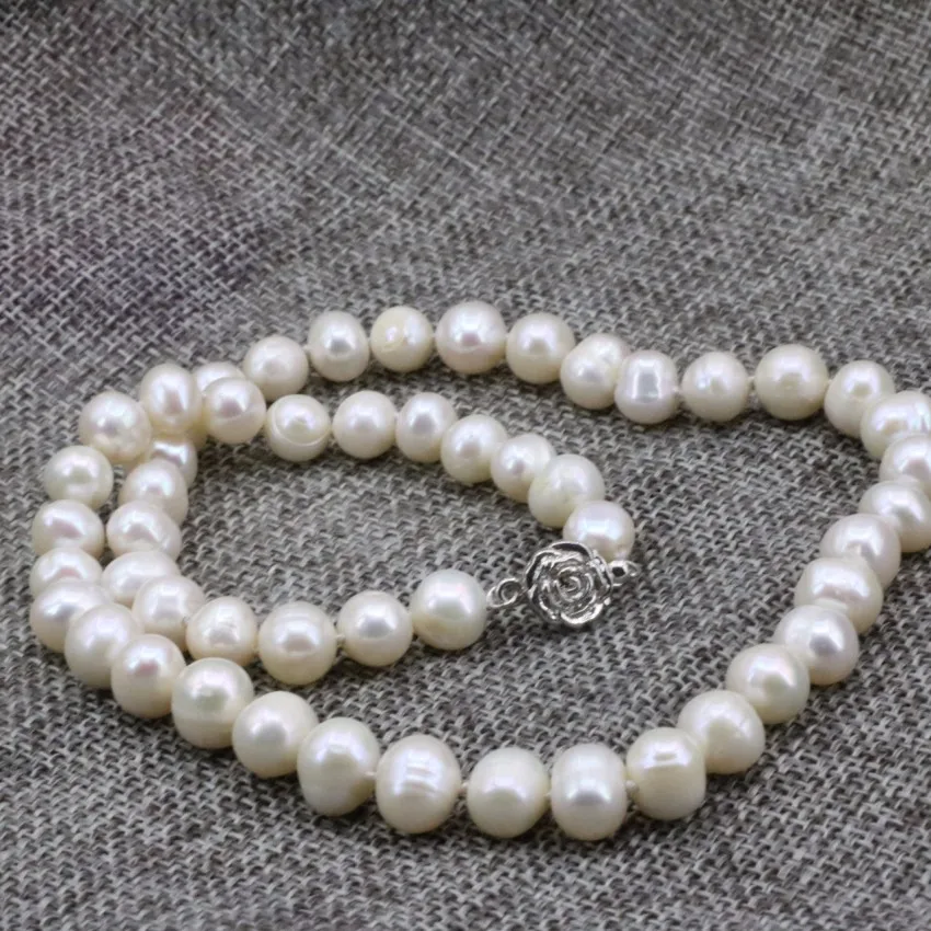 Изящная серебрянная цепочка Женщины Мать подарки белый натуральный жемчуг размером 8-9 мм пресноводные жемчужные бусы ожерелье для шеи 18 дюймов B3235