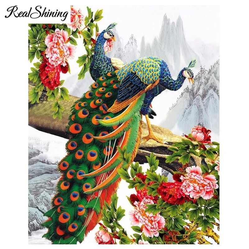 

REALSHINING 5D DIY Diamond Painting Nature Diamond Painting Cross Stitch Peacock Peony Diamond Rhinestones Home Decor FS1119