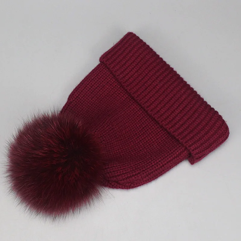 Winter Beanies Fox Pompom Fur Wool Knitted Hat The Female Of The Mink Caps Beanie Hats For Women Girl 'S Hats Scarves Cap Scarf - Цвет: Hat Wine