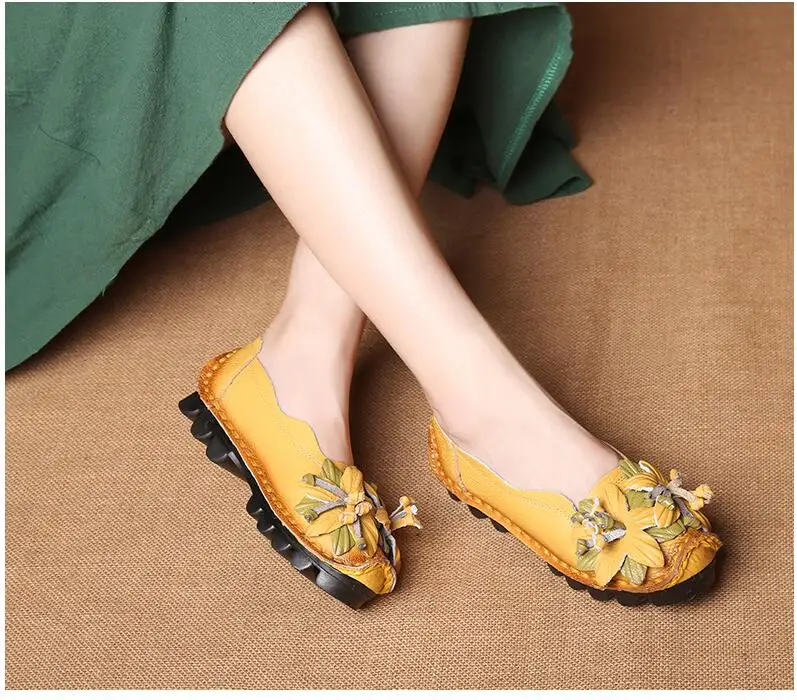 Новые Осенние цветы обувь ручной работы Для женщин Цветочный мягкие туфли на плоской подошве обувь с мягкой подошвой повседневные сандалии женские мокасины Пояса из натуральной кожи Обувь K22