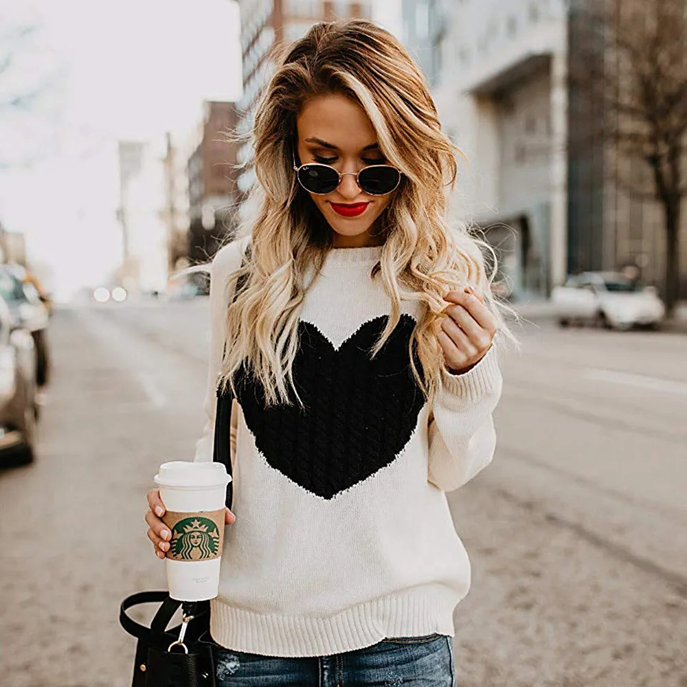 Women's Autumn Warm Sweater Heart Pattern Pull Femme Hiver Female O-Neck Casual Clothes Soft Long Sleeve Light&Comfort Sweater 