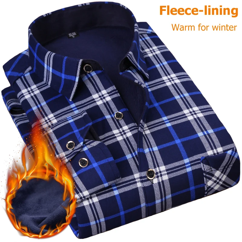 NIGRITY 2018 Autumn Winter Men's Long Sleeve Plaid warm Thick Fleece lining Shirt fashion soft Casual flannel plus size L-4XL
