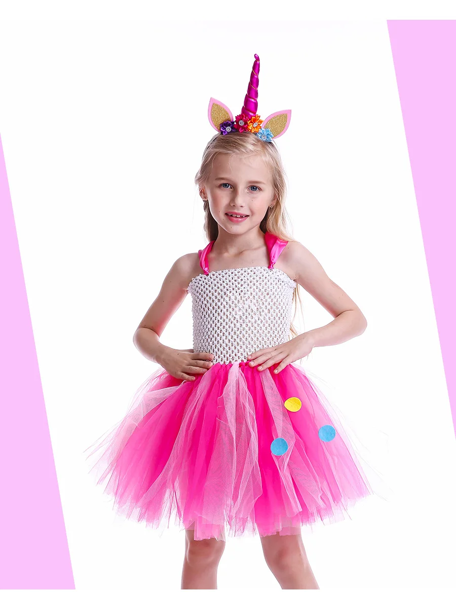 Handmade Horse Pattern Girls Tutu Dress for Halloween Dress Up Party Kids Rainbow Flower Dress with Unicorn Headband 2-12Y (2)