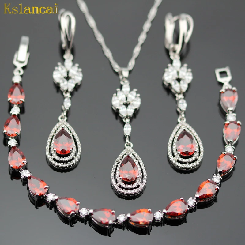 Lan Trendy Choker 925 Sterling silver Jewelry Sets Red AAA Zircon Inlay For Necklaces &amp Pendant /Earrings/Bracelet Women | Украшения и