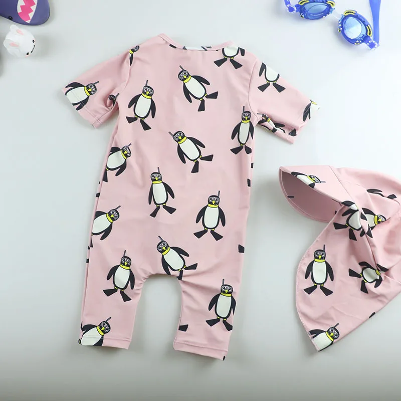 Детская одежда для серфинга; купальный костюм с рисунком пингвина для маленьких девочек и мальчиков; детский купальный костюм с шапочкой; одежда для бассейна - Цвет: M Height 85-95CM