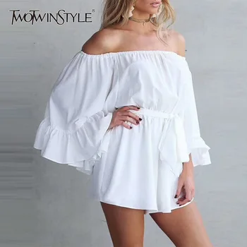 

TWOTWINSTYLE Slash Neck Playsuits Female Off Shoulder Flare Sleeve Belt High Waist Elastic Mini Shorts 2020 Summer Fashion Sexy