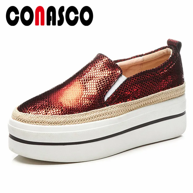 

CONASCO Fashion Genuine Leather Slip On Flats Shoes Woman Autumn Comfort Platforms Flats Casual Shoes Female Loafers Flats Shoes