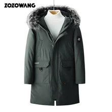 ZOZOWANG мужская зимняя куртка для России, длинное пальто, шапка с меховым воротником, толстая ветрозащитная Водонепроницаемая белая куртка на утином пуху для мужчин-25 градусов