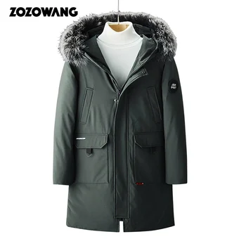 

ZOZOWANG men's winter jacket Russia long coat hat fur collar thick windproof waterproof white duck down jacket men -25 degree