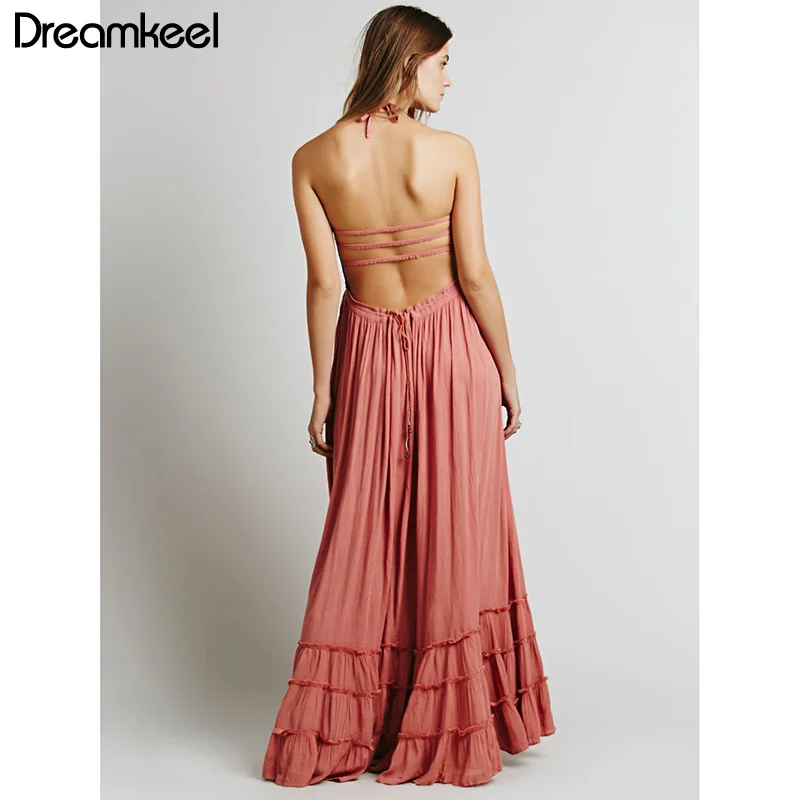 

Summer Dress Beach Halter Backless Sleeveless Drawstring Waist Maxi Dresses Cotton Dress Women Hippie Chic Open Back Dresses Y
