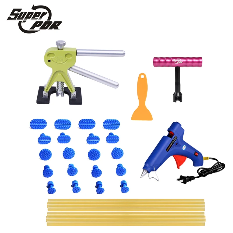 

Super PDR dent puller tools kit car dent removal tool set glue gun glue stick T-bar puller glue tabs 29pcs