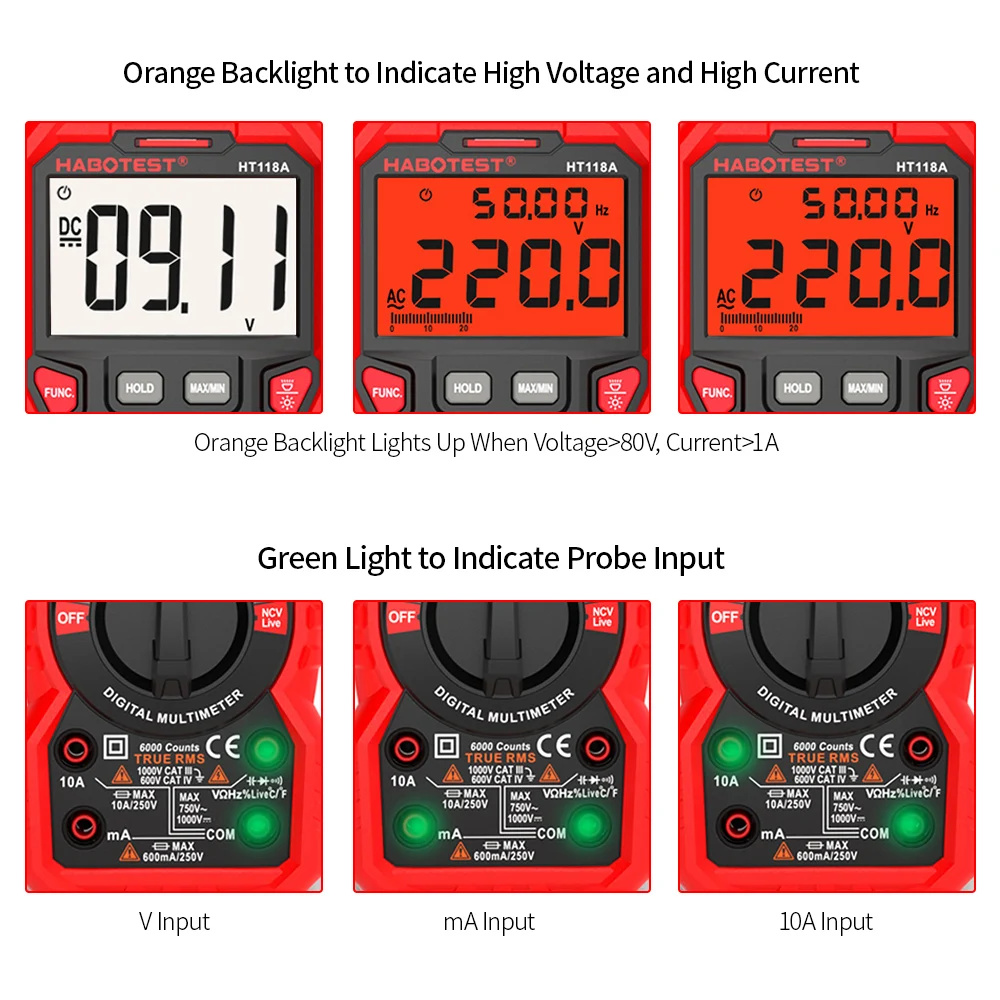 HABO test HT118A Цифровой мультиметр 6000 отсчетов Напряжение Ток Сопротивление Емкость NCV тест с ЖК-подсветкой фонарик