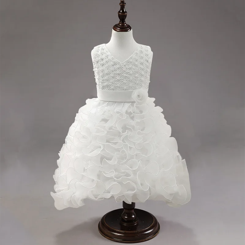 

Fashion waves kids white sleeveless ball gowns for children beading lace flower girls pageant dresses white