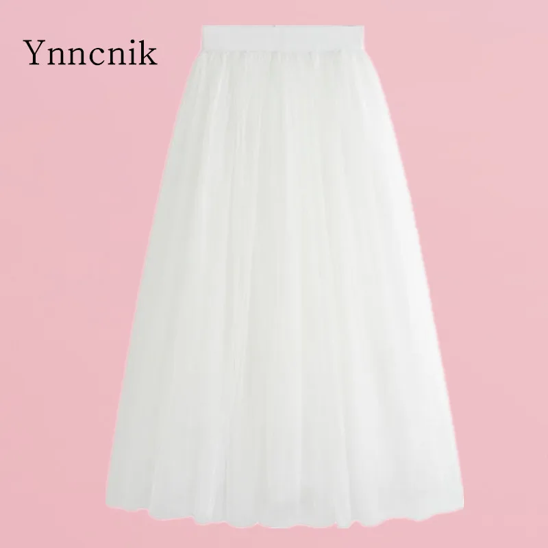 Ynncnik длинные фатиновые Высокая талия юбка черный, белый цвет плиссированные сетки макси юбки Для женщин летние элегантные юбки S1392
