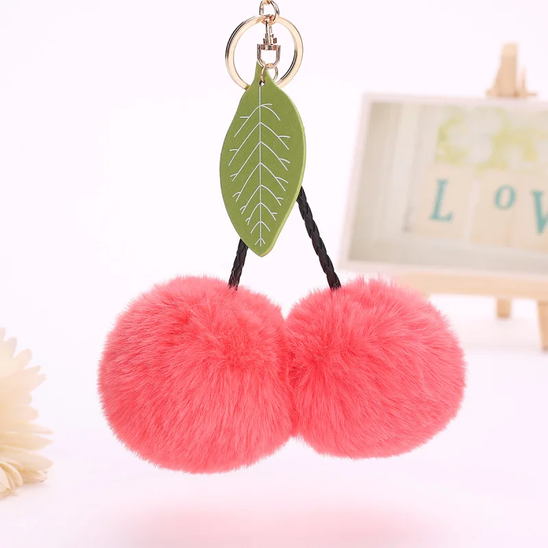 

8cm Cute Cherry Artificial Rabbit Fur Ball Keychain Keyring Pompom Leaf Handbag Pendant Car Key Chian Ring Holder 16 colors