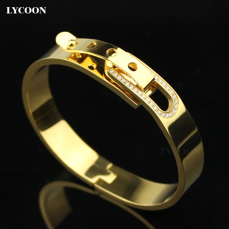 

LYCOON fashion women cuff shape special clasp bracelets bangle 316L stainless steel nails bangles bracelet yellow gold with CZ