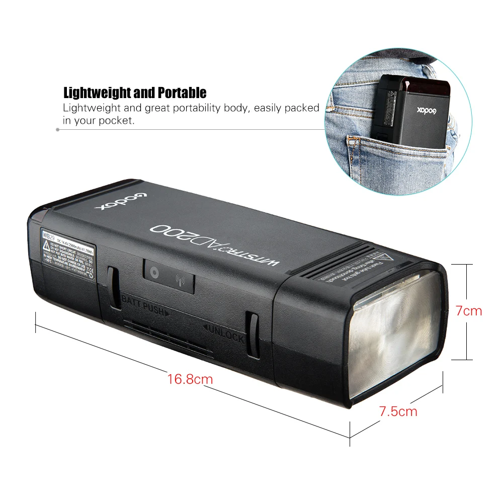 US $329.00 GODOX AD200 TTL 24G HSS 18000s Pocket Flash Light Double Head 200Ws With 2900mAh Lithium Battery Flashlight Flash