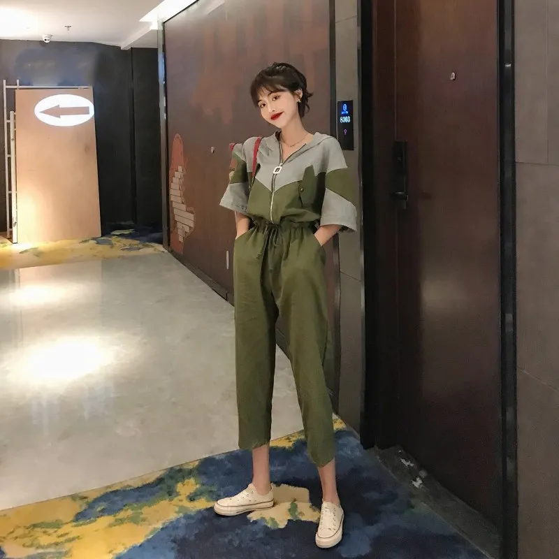 

Contrast Color One Piece Jumpsuits Summer Women Hoody Loose Zipper Drawstring Rompers