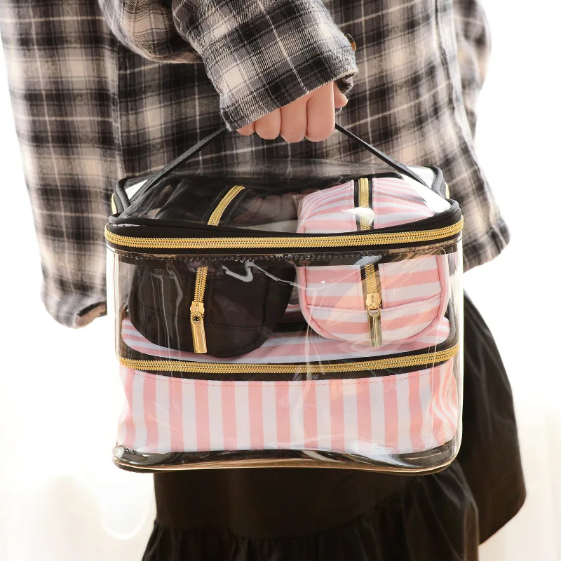 Прозрачная косметичка из ПВХ, дорожная сумка для туалета, портативный многофункциональный набор из четырех предметов, розовая косметичка, косметичка