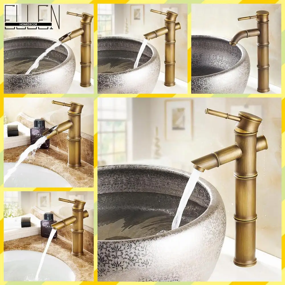Antique Brass Waterfall Bathroom Sink Faucet Vessel Tall Bamboo Water Tap Mixerin Basin Faucets