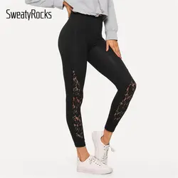 SweatyRocks черные кружевные контрастные однотонные обтягивающие леггинсы Женская активная одежда леггинсы фитнес осенние тренировочные