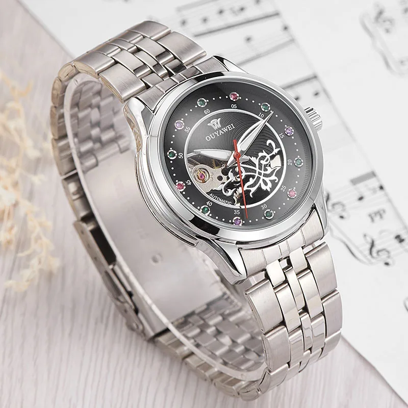 OUYAWEI Брендовые женские механические Автоматические часы женская одежда стальные часы модные часы с скелетом Relogio Feminino