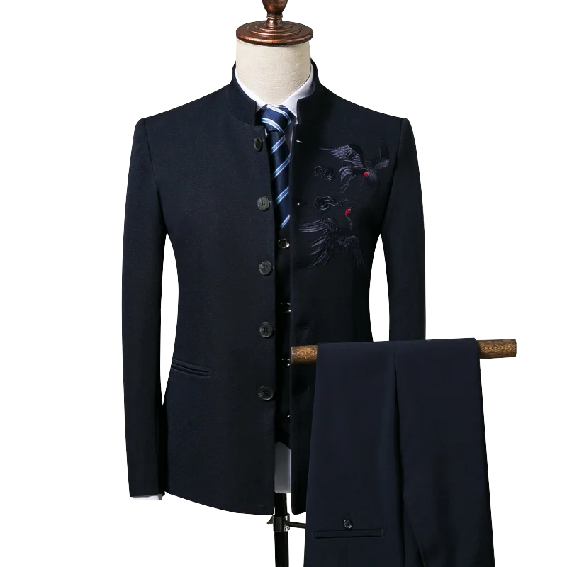 Китайская птица вышивка туника воротник куртка+ жилет+ брюки для мужчин 3 шт тонкий костюм для свадьбы уличная тренировка XXXXL