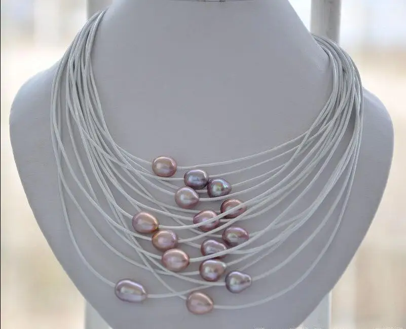 

FREE SHIPPING HOT sell new Style >>>> 15strands 13mm lavender rice pearl white leather necklace 20inch