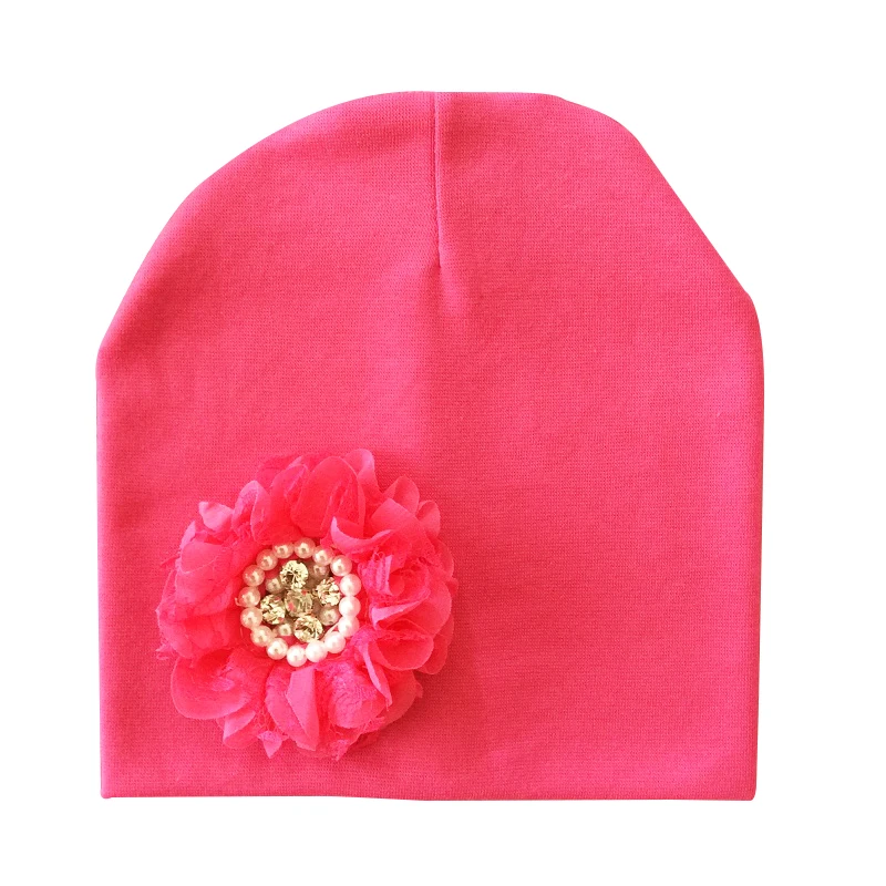 Детская зимняя шапка, детская хлопковая шапка с цветочным рисунком для маленьких девочек, детская шапка с цветочным рисунком, Детские аксессуары - Цвет: Розово-красный