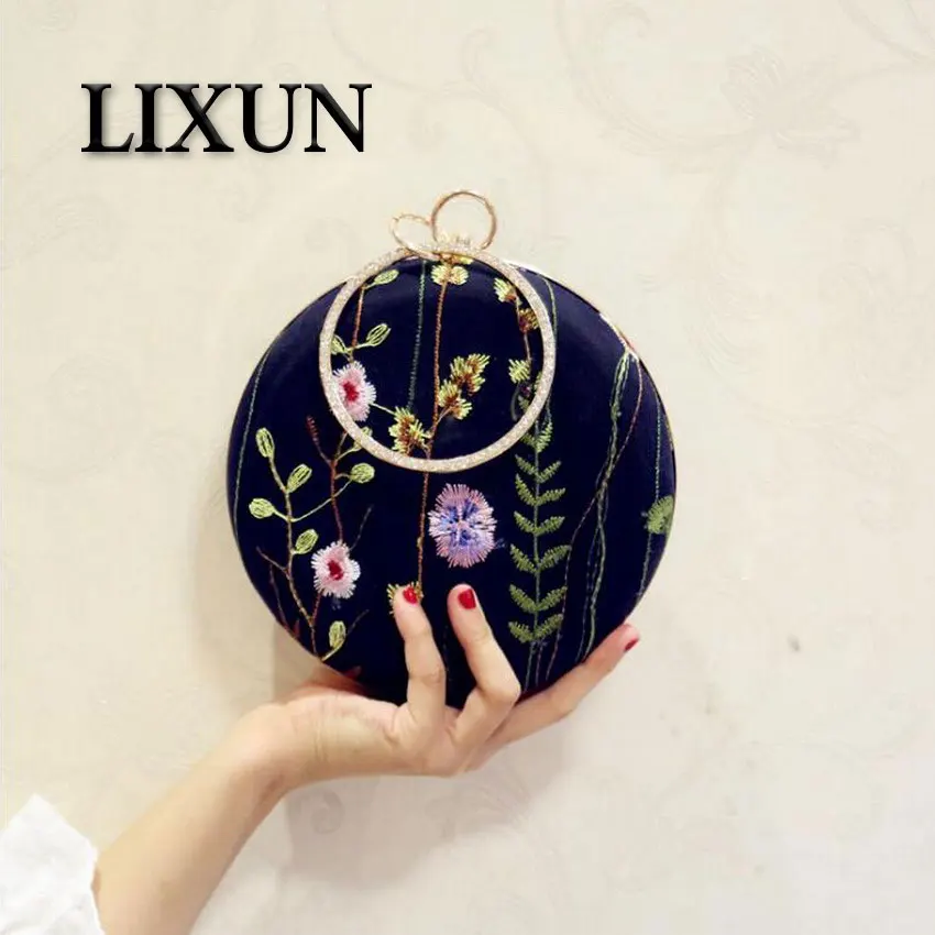 

LIXUN Embroidery Flower Butterfly Women PU Leather Circular Evening Clutches Bags Ring Handle Party Minaudiere Handbags Purses